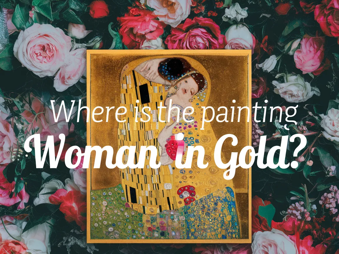 Illustration asking where the painting Woman in Gold is located, featuring a floral background.