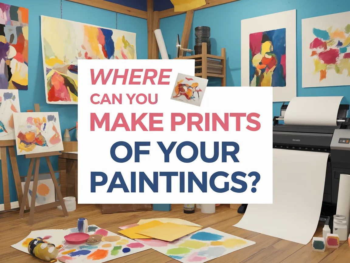 Art studio with various paintings and print-making equipment, highlighting where to make prints of your paintings