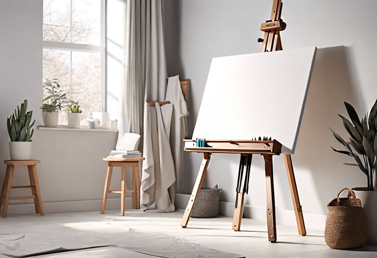 Empty easel in a bright room with white base paint, illustrating the concept of using white base paint without tint.