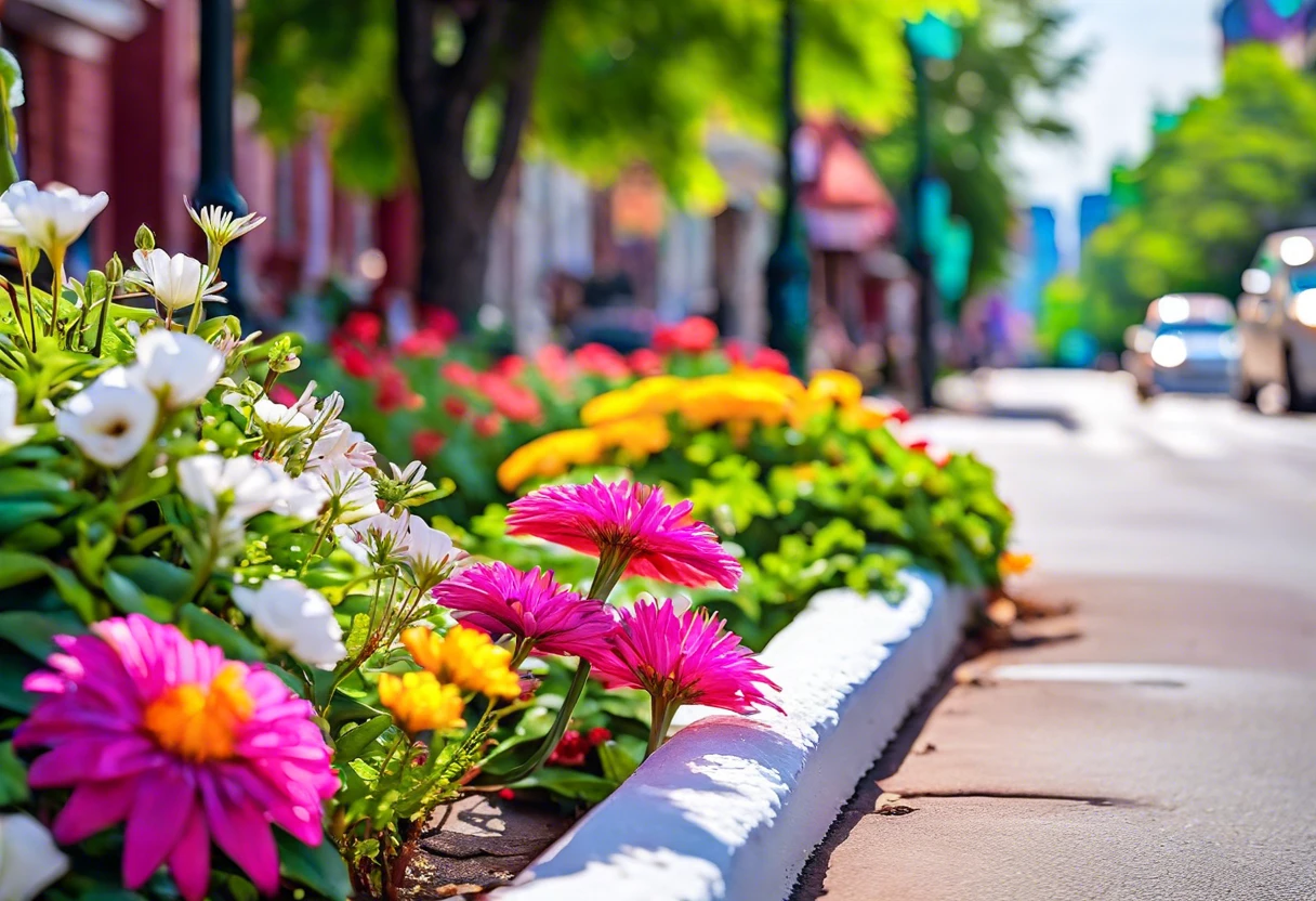 Painted white curb next to colorful flowers, indicating parking regulations