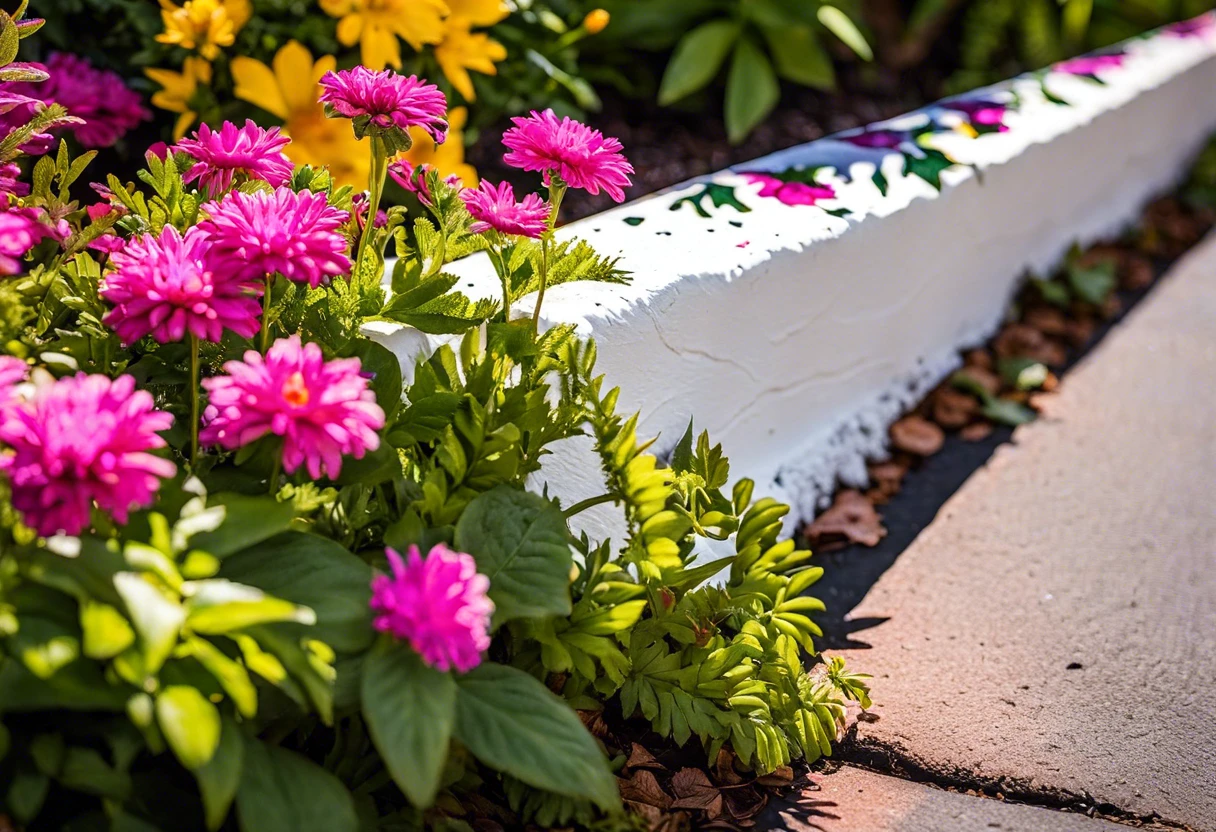 Close-up of a white-painted curb surrounded by colorful flowers, illustrating the significance of curb painting.