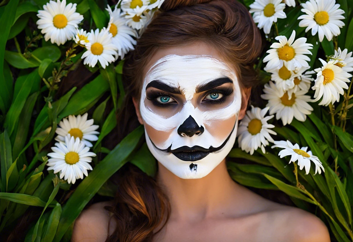 A woman with white face paint lying among daisies, showcasing the application of white face paint.