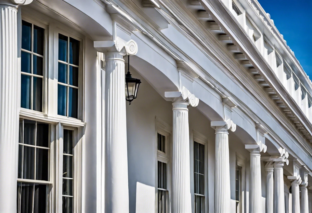 Close-up view of the White House's white exterior and architectural columns, illustrating its historical significance.