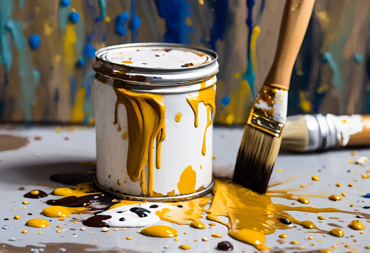 A paint can with white and yellow paint spilling out, illustrating the cost of white paint.