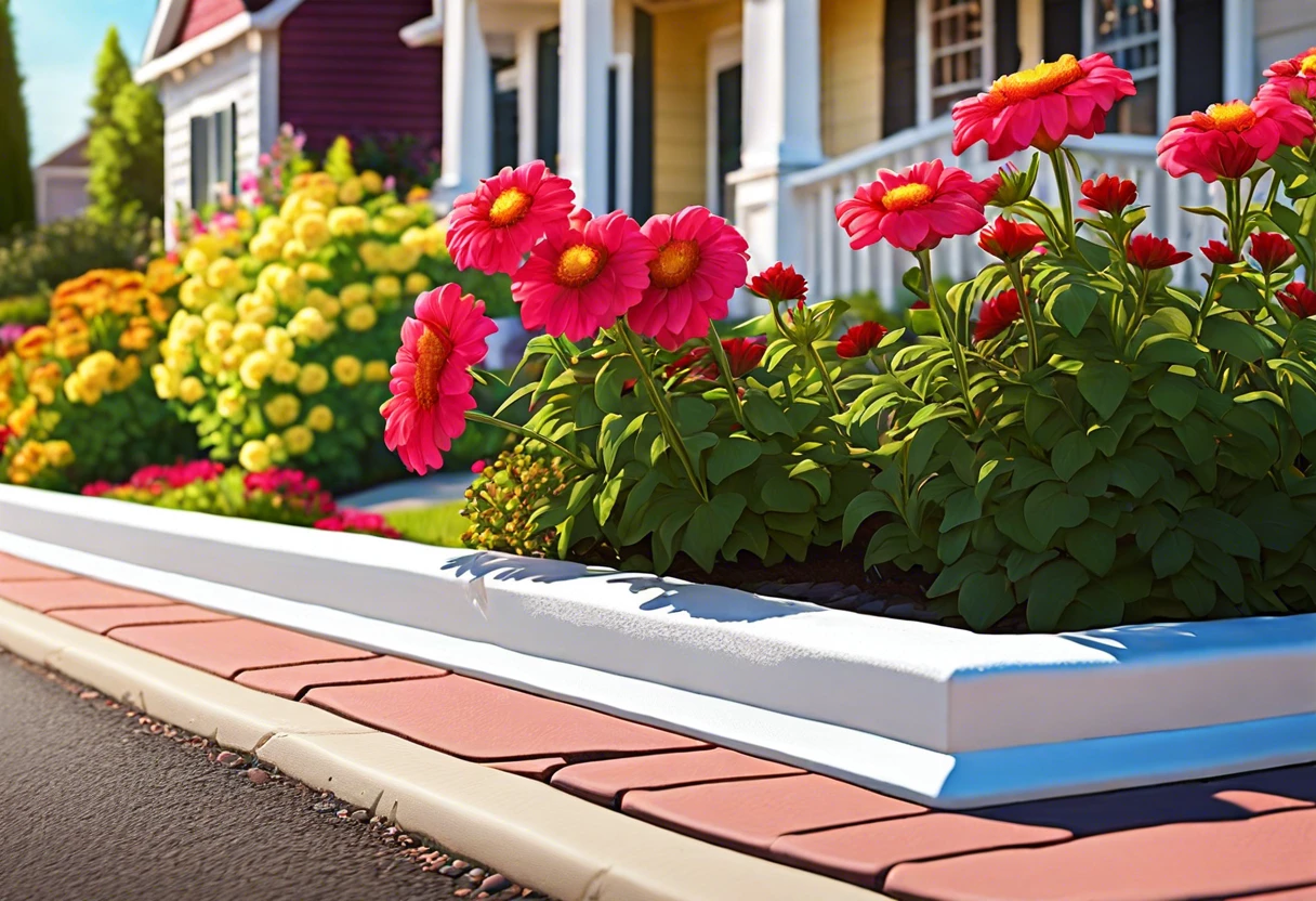 A landscaped garden featuring a white painted curb, indicating a no-parking zone.