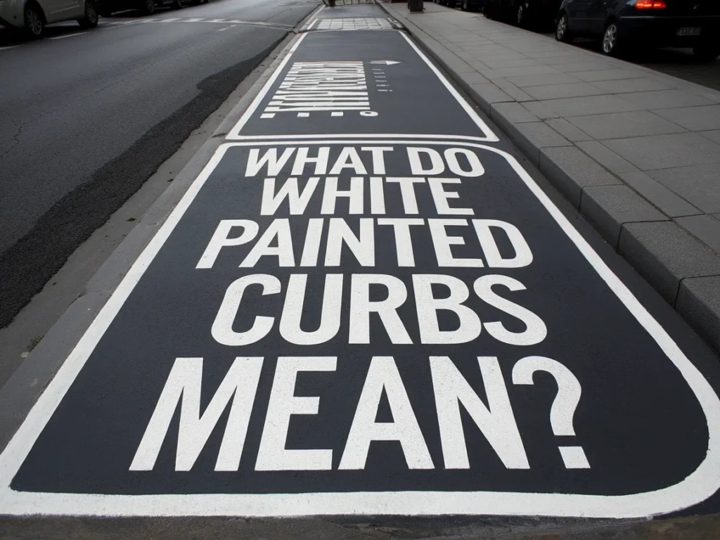 A street image displaying the question 'What Do White Painted Curbs Mean?' in large white letters on a black background, highlighting the significance of white painted curbs.