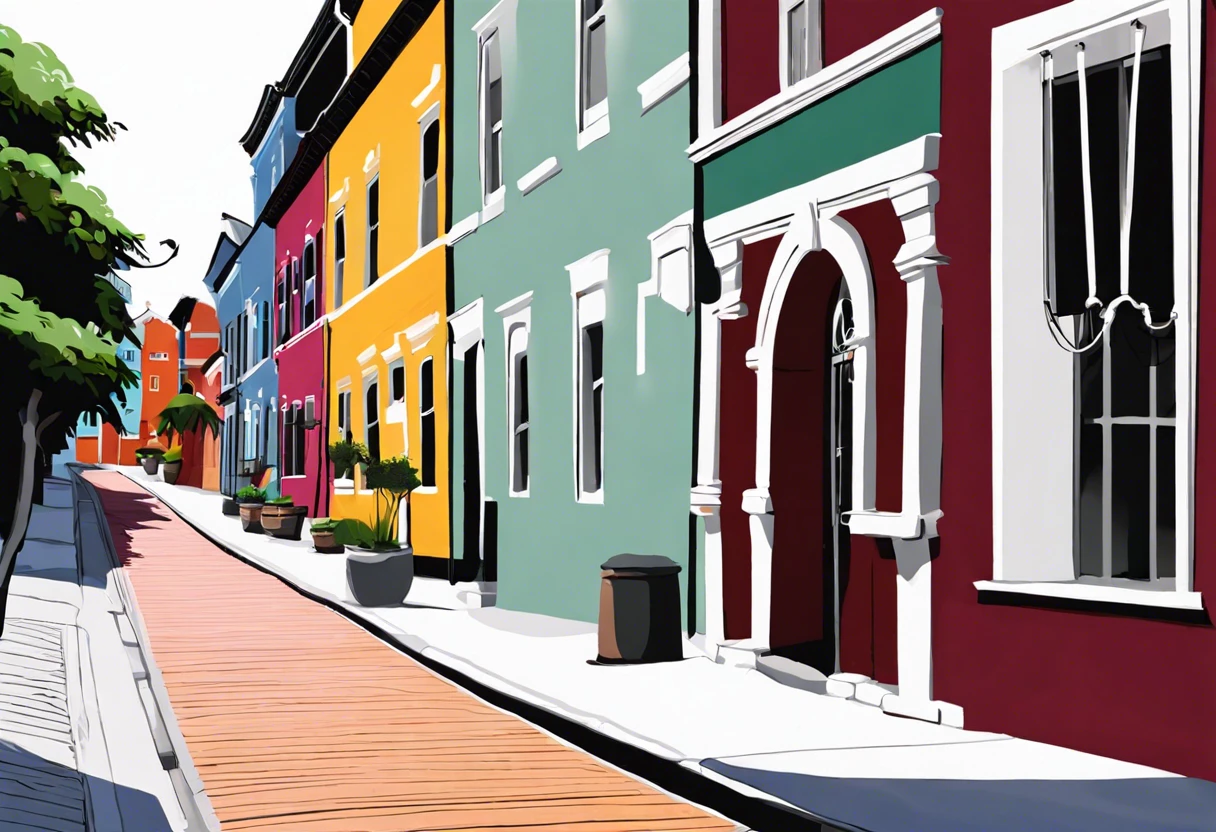 Colorful street scene with white painted curbs indicating parking regulations