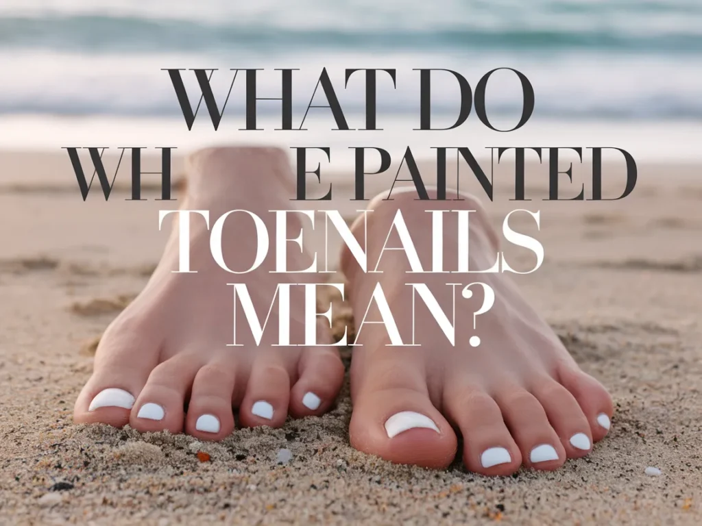 Close-up of feet with white painted toenails on a sandy beach, representing the significance of white toenail polish.