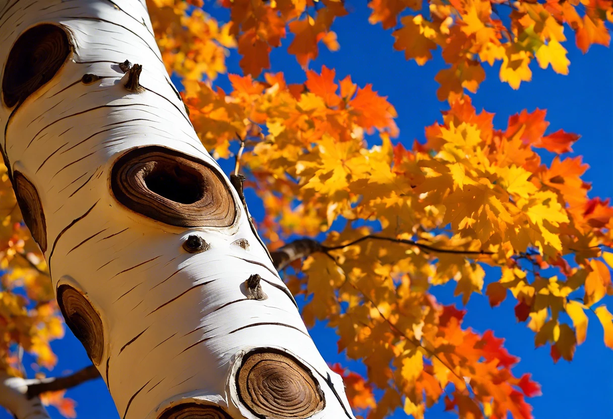 A close-up of a tree trunk painted white with vibrant autumn leaves in the background, illustrating the practice of tree painting.