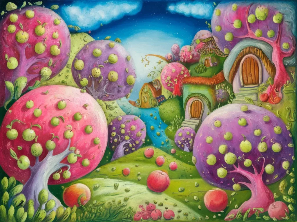 Colorful landscape of whimsical apple trees and colorful houses, depicting a fantasy world related to who painted apple seeds.
