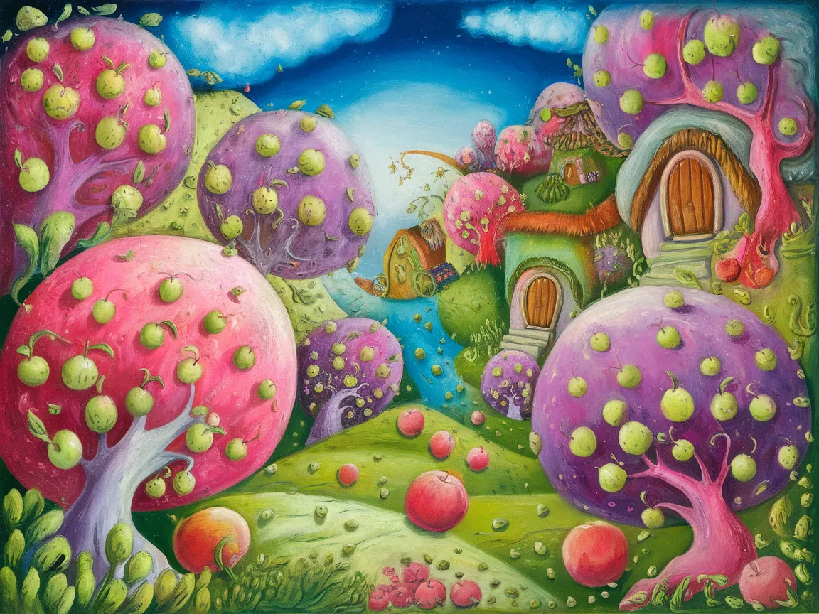 Colorful landscape of whimsical apple trees and colorful houses, depicting a fantasy world related to who painted apple seeds.