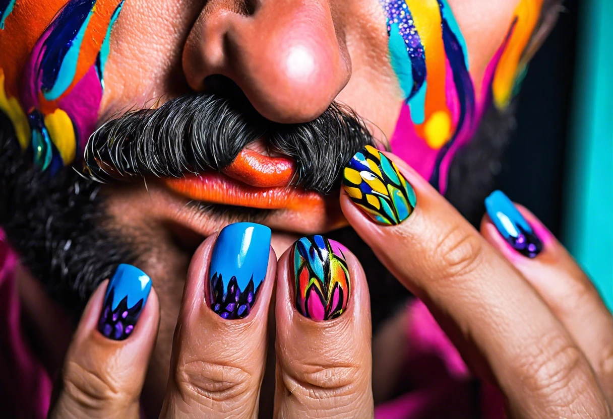 Close-up of a man's hand with one painted fingernail, showcasing colorful nail art as a statement of self-expression.