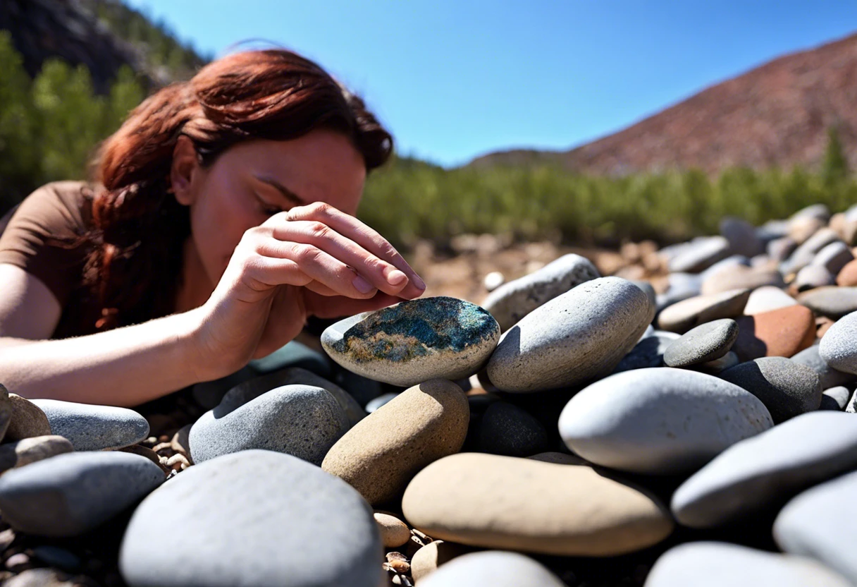 A person examining rocks, highlighting the issues with painting rocks in natural environments.