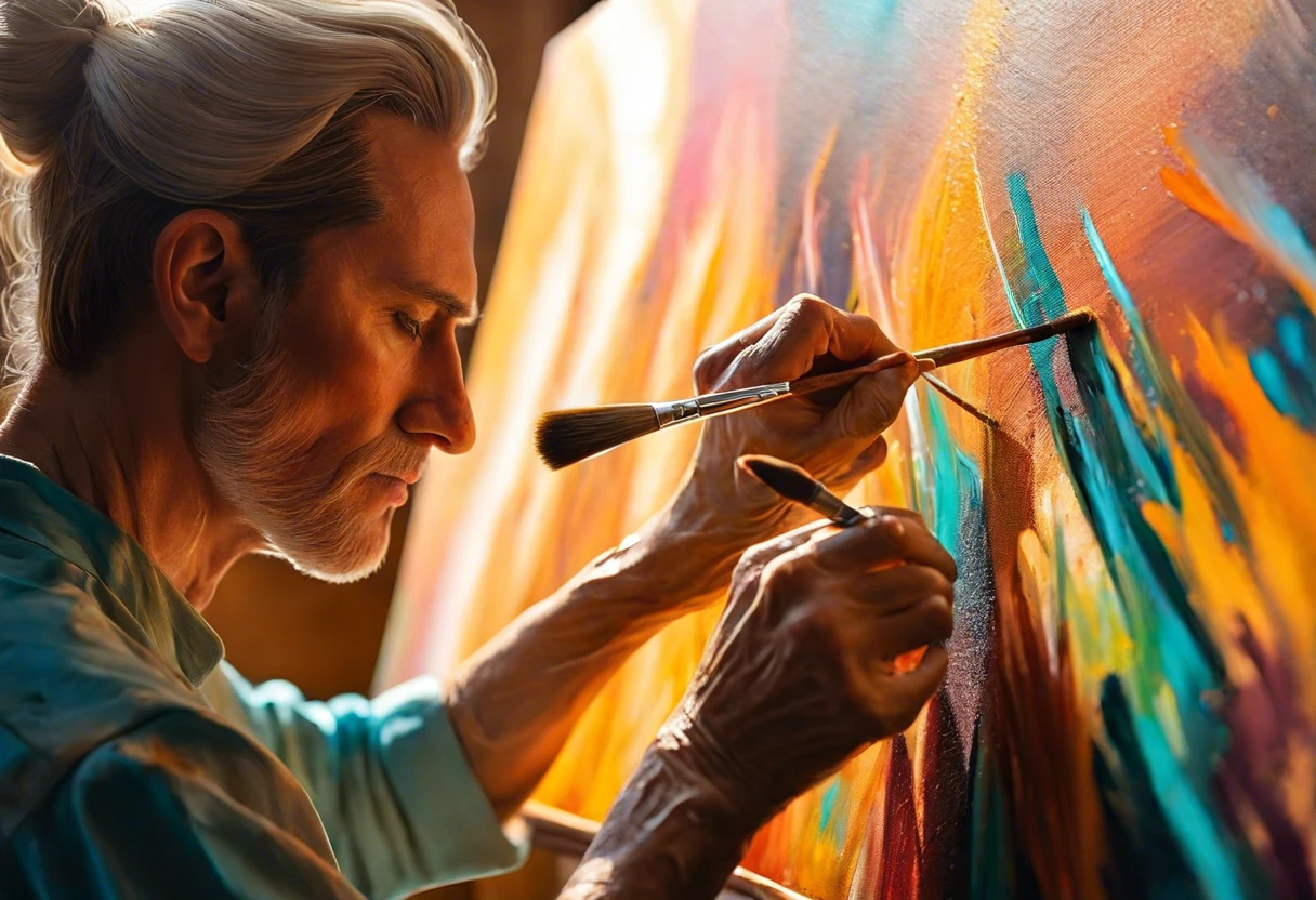 Artist painting a masterpiece, illustrating the skill and creativity involved in creating expensive paintings.