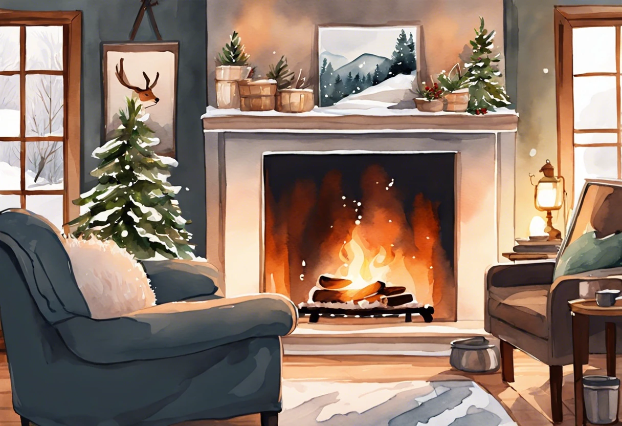 A cozy indoor scene featuring a fireplace and winter decorations, illustrating a perfect environment for painting in winter.