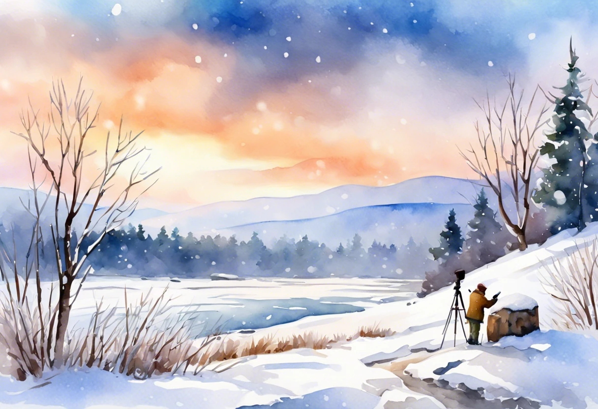 Artist painting a winter landscape with snow and trees, showcasing winter painting techniques.