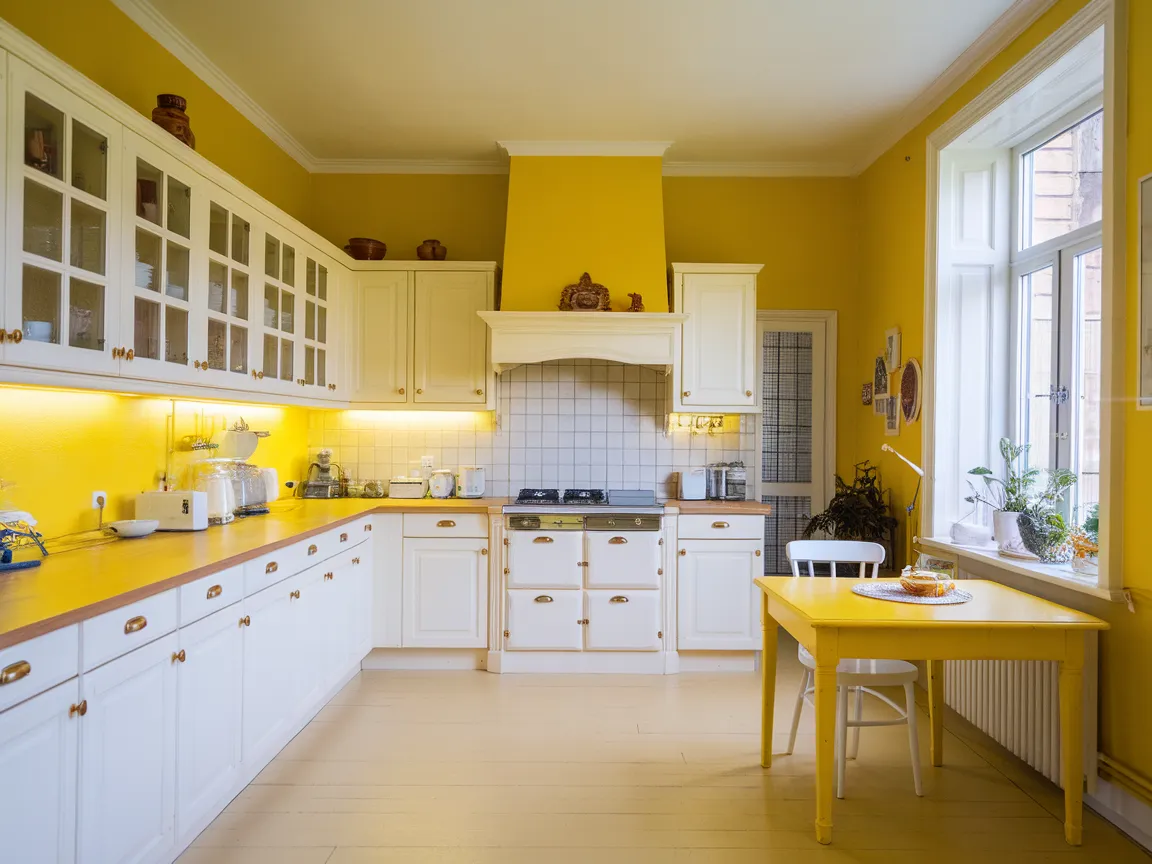 A bright yellow painted kitchen with white cabinetry, showcasing paint color ideas for kitchens.